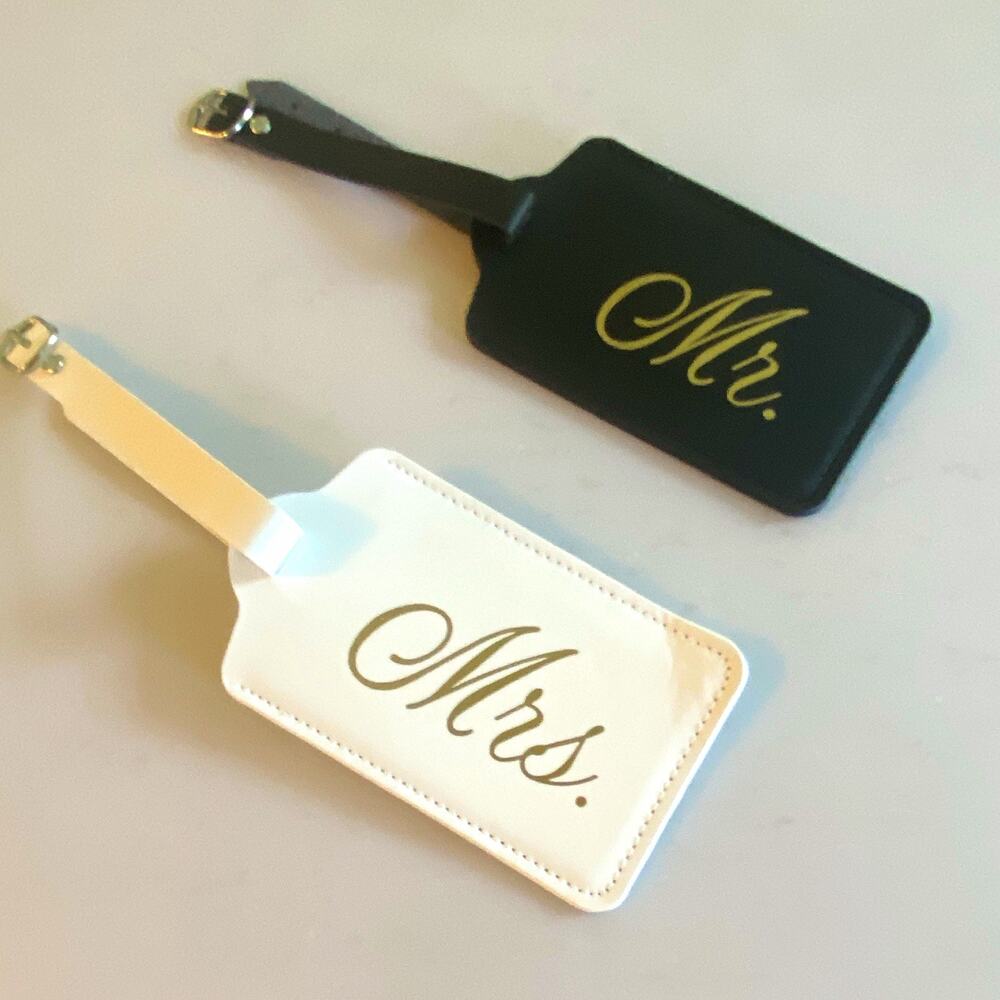 Set of 2 Mr. & Mrs. Faux Leather Luggage Tags Black & White w/ ID Card Insert